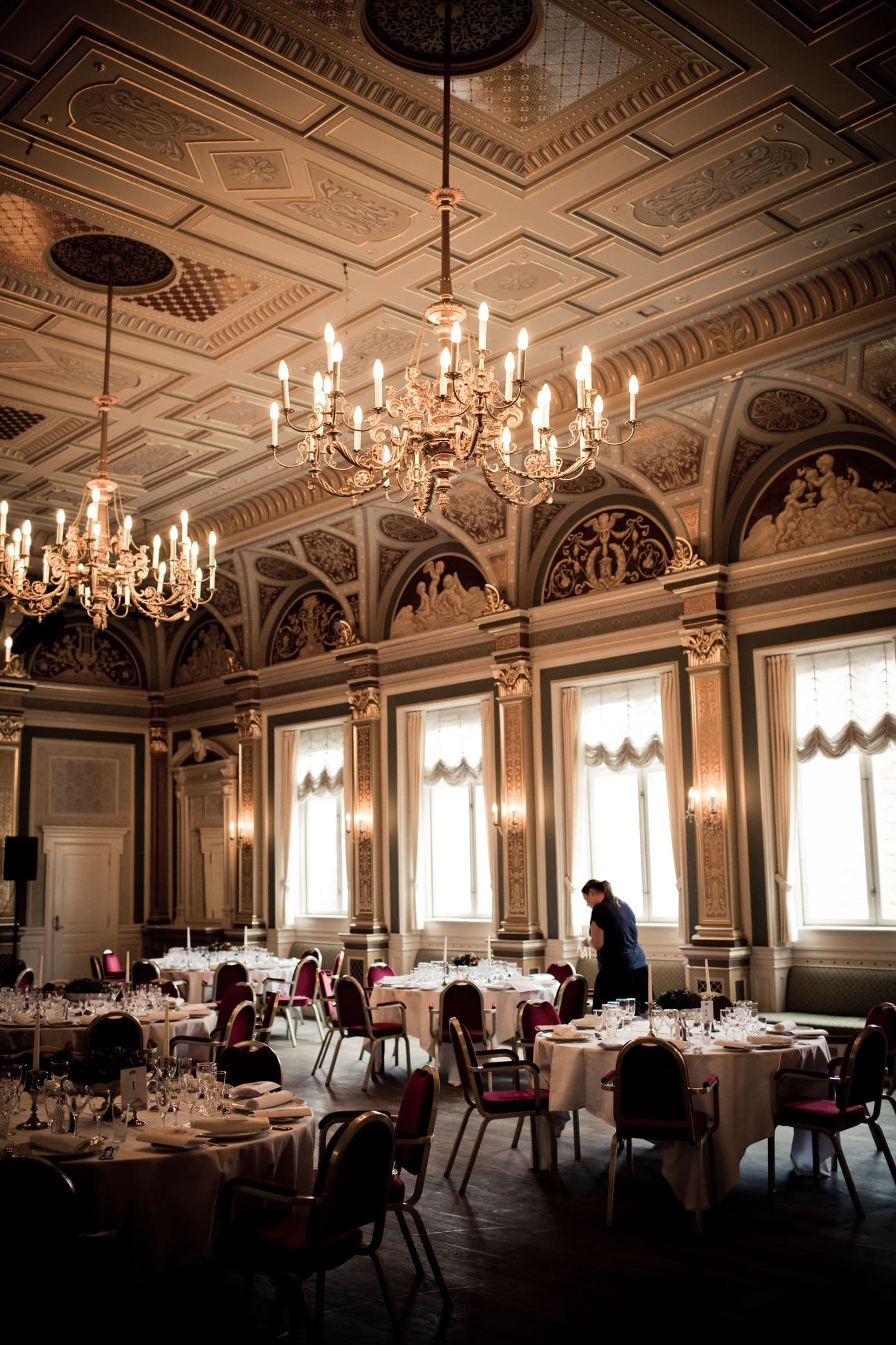 Luxury hotel ballroom with chandeliers